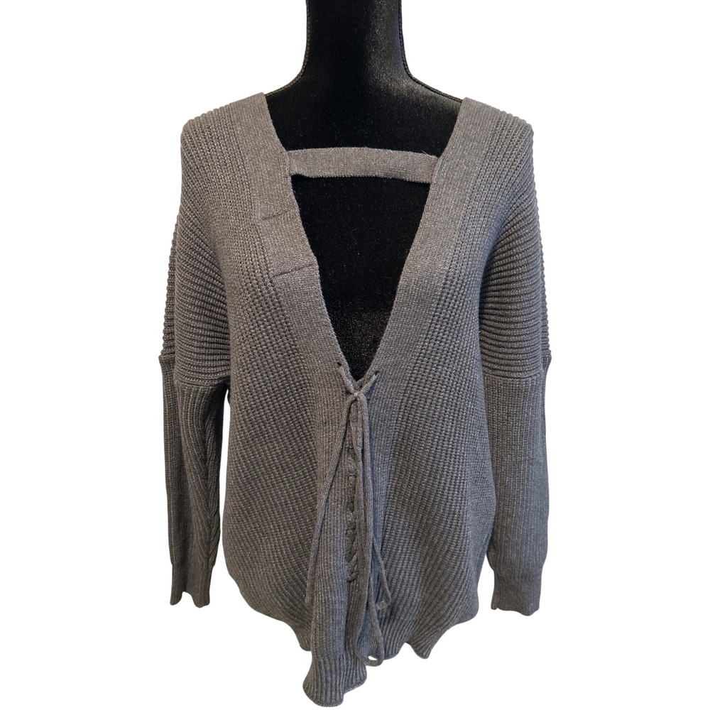 Lovemarks Gray Lace Up V-Neck Chunky Knit Sweater Womens Medium Charcoal Ribbed